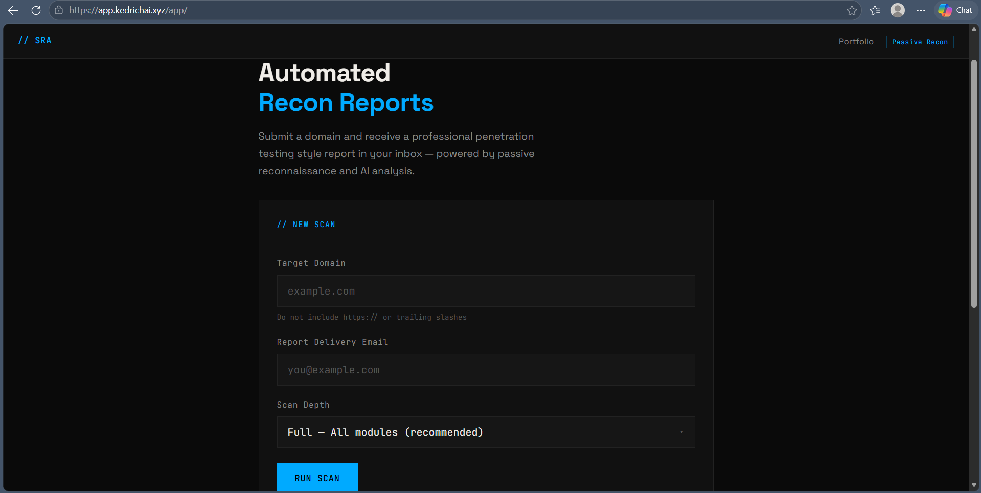 Scan intake — target domain, delivery email, and scan depth.