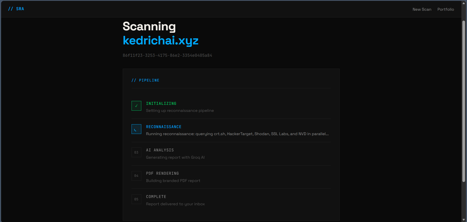 Live pipeline status as the scan moves through each stage.